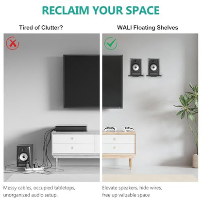 WALI Speaker Wall Mount, Heavy Duty Bookshelf Speaker Floating Wall Shelves, Surround Sound Speakers Stand for Living Room, Home Theater and Gaming Room, Holds up to 55 Lbs, (SWM302B), 1 Pair, Black - color: Black, size: 7.87" x 7.87"