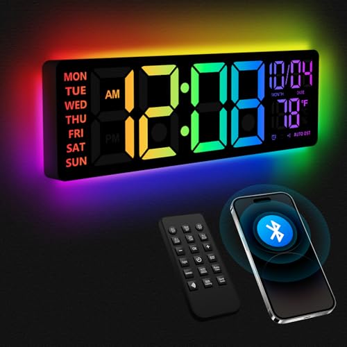 YISILE 16 Inch RGB LED Digital Wall Clock - 8 Color Display, 6 Night Light Modes, Bluetooth Auto Time Sync, Sound Wake-Up, Dual Alarm, Auto DST, Remote Dimmer for Bedroom, Living Room & Gaming Room
