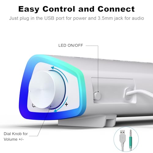 SOULION R30 Computer Speakers Wired 3.5mm Aux with Rotary Switch LED Light | USB Powered Aux Connected with Crystal Sound, Slanted Design PC Speaker for Desktop Laptop Monitor Office Work Music White - color: White, style: 3.5mm Aux