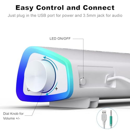 SOULION R30 Computer Speakers Wired 3.5mm Aux with Rotary Switch LED Light | USB Powered Aux Connected with Crystal Sound, Slanted Design PC Speaker for Desktop Laptop Monitor Office Work Music White - color: White, style: 3.5mm Aux