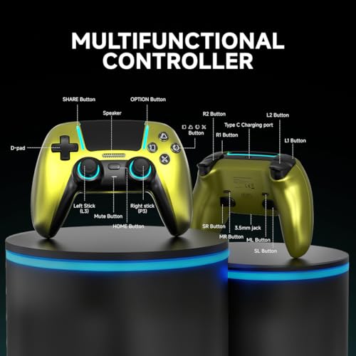 ASRVA Chrome Green Wireless Pro Controller for PS5,4 Back Buttons,Hall Effect Joystick(No Drift),Micro-Switch,Gyro,Macro,1000mAh,RGB,Compatible with PS5 Pro/Slim/PC/iOS/Android - color: Chrome Green