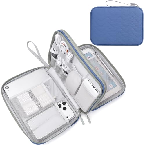 FYY Electronic Organizer, Travel Tech Pouch Bag, Extra Large, Blue Quilted | Wrist Strap, Waterproof, Double Layers Electronics Travel Case for iPad, Cord, Laptop Charger, Daily and Business Trips Use - color: Blue Quilted, size: Extra Large