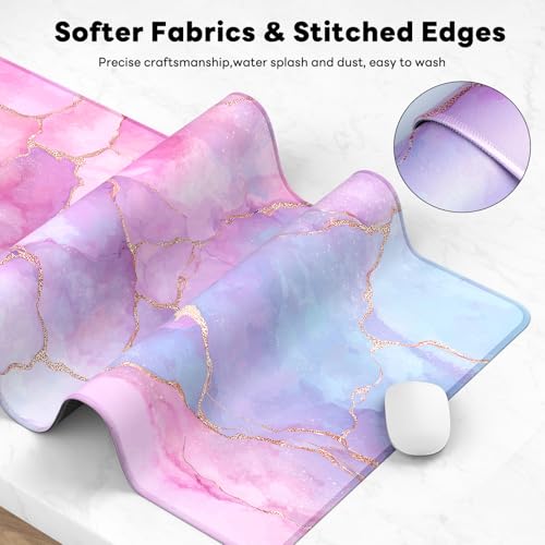 Large Gaming Mouse Pad, XL Desk Protector, Non-Slip Base | 31.5x15.7 in Extended Desk Mat with Stitched Edges for Keyboard, Work, Game, Office, Home PC and Laptop - color: Pastel Marble