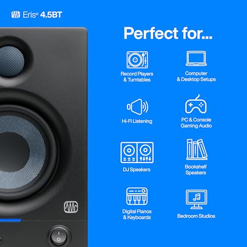 PreSonus Eris 4.5BT Bluetooth Studio Monitors, Pair — 4.5" Inch Powered Bookshelf Speakers, Stereo, Desktop Computer, Near Field Music Production, Audio Mixing Recording | Pair • Bluetooth 5.0 • 4.5 Woven Woofer • 1 Silk-Dome Tweeter • 50W Class Ab • 70hz
