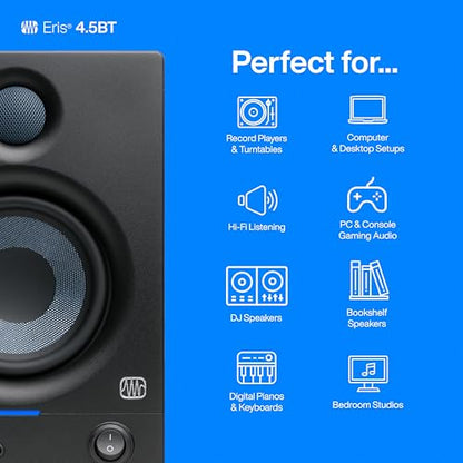 PreSonus Eris 4.5BT Bluetooth Studio Monitors, Pair — 4.5" Inch Powered Bookshelf Speakers, Stereo, Desktop Computer, Near Field Music Production, Audio Mixing Recording | Pair • Bluetooth 5.0 • 4.5 Woven Woofer • 1 Silk-Dome Tweeter • 50W Class Ab • 70hz