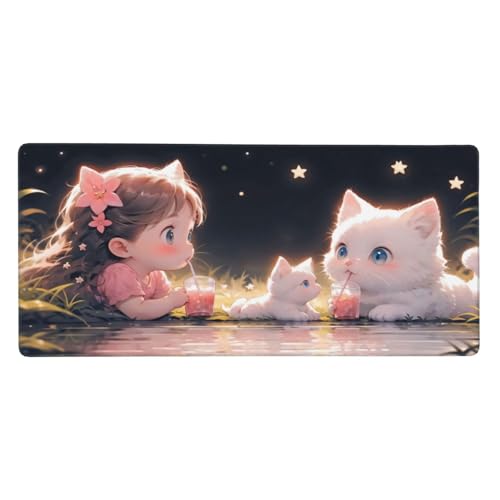 XXL Gaming Mouse Pad 35.4x15.7 inch, Kawaii Juice Cat Anime Theme Desk Mat, Pink Cute Girly Scene Large Mousepad,Fantasy Artistic Keyboard Mouse Mat (Juice Meow) - color: Juice meow