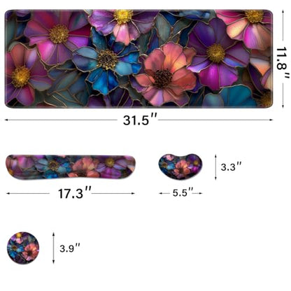 Desk Pad and Keyboard Wrist Rest, Large Mouse Pad + Keyboard Pad+Mouse Wrist Support, Non-Slip Desk Mat Protector for Office, Home 31.5×11.8 Inches Glass Flower - color: Glass Flower