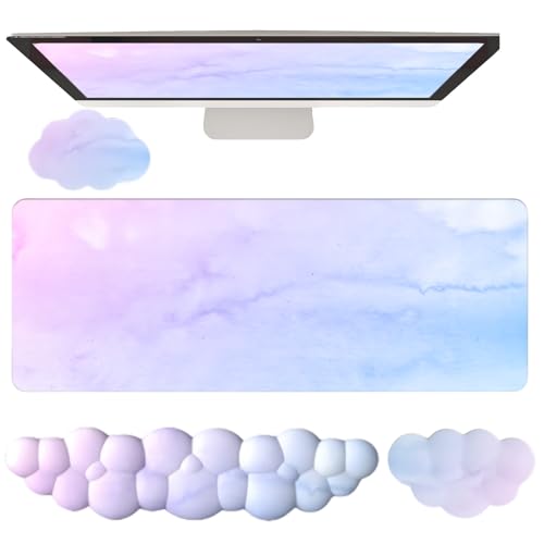 Cloud Mouse Pad and Keyboard Wrist Rest 4PCS Extended Large Desk Mat Pad Set Memory Foam Non-Slip Ergonomic Gaming Mouse Pad Wrist Support for Computer Laptop Home Office Cute Pink Blue Sky - color: 4pcs Blue Pink Sky