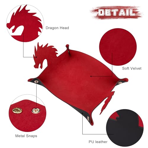 SIQUK 2 Pieces Dragon Dice Rolling Tray PU Leather Dice Mat Folding Scroll Dices Holder for D&D RPG Games (Blue, Red) - color: Blue, Red