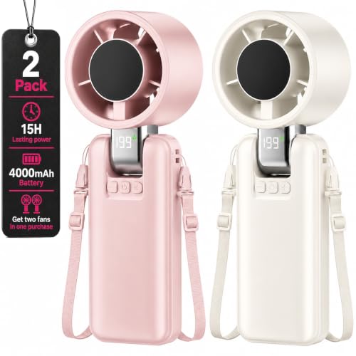 2 Pack Portable Mini Handheld Fan, 199-Level Speed, Pink+White | 4000mAh Rechargeable Battery, Quiet, LED Digital Display, Personal Cooling Turbo Fan for Travel, Office, Makeup & Concerts - color: Pink+White