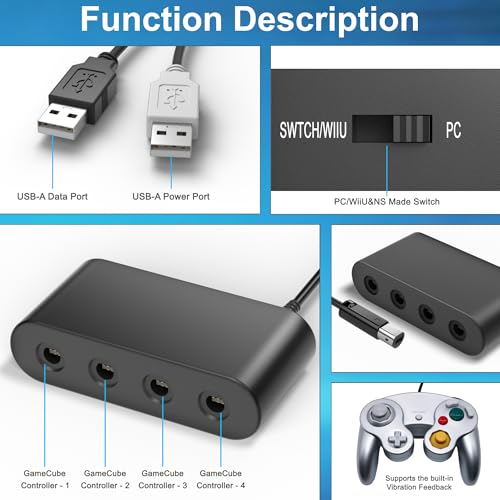 Gamecube Controller Adapter for Wii U, PC Windows, Nintendo Switch/OLED/Switch 2 Gamecube Converter, Support 4 Gamecube Controller to Play Supper Smash Bros with 3.3ft Long Cable