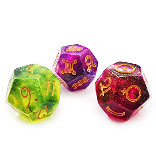 Bescon 3 Pieces Astrological Dice Set, Constellation Divination D12 Dice, 3 Colors Magical Stone Effect - color: Magical Stone Set