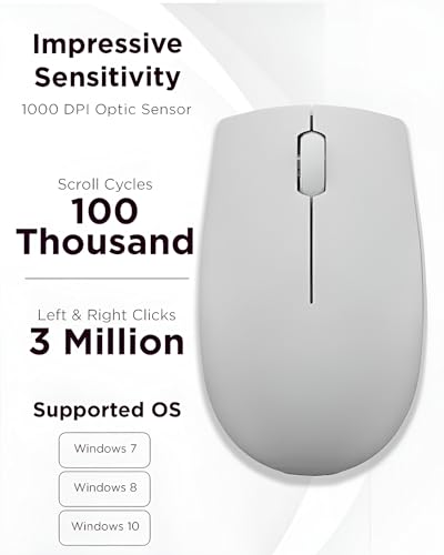 Lenovo 300 Wireless Mouse – Computer Mouse for PC, Laptop with Windows – Ambidextrous Design – 2.4 GHz Nano USB Receiver – 12 Month Battery Life - color: Arctic Grey