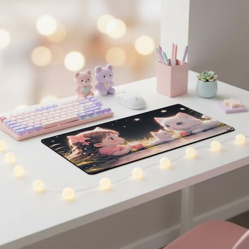 XXL Gaming Mouse Pad 35.4x15.7 inch, Kawaii Juice Cat Anime Theme Desk Mat, Pink Cute Girly Scene Large Mousepad,Fantasy Artistic Keyboard Mouse Mat (Juice Meow) - color: Juice meow
