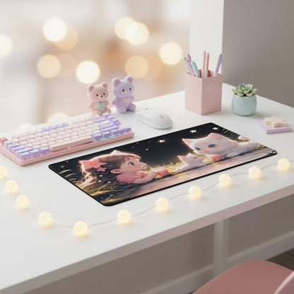 XXL Gaming Mouse Pad 35.4x15.7 inch, Kawaii Juice Cat Anime Theme Desk Mat, Pink Cute Girly Scene Large Mousepad,Fantasy Artistic Keyboard Mouse Mat (Juice Meow) - color: Juice meow