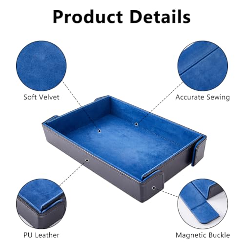 DICOSMETIC PU Leather Dice Tray Folding Dice Rolling Mat 8.15x5.51x1.38 Inch Blue Rectangle Dices Holder Foldable Dices Storage Box Portable Tabletop Tray for RPG Game Enthusiasts Playing Cards - color: Blue