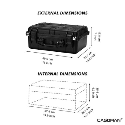 CASOMAN Water-proof Box, with Cush- Proof Sponge, IP67 Water Proof Grade, Large Waterproof Hard Case with Customizable Foam, Perfectly Protection of Camera, Drones, Lens,Equipments, 16"x13.2"x7" - size: 16" X 13.2" X 7"