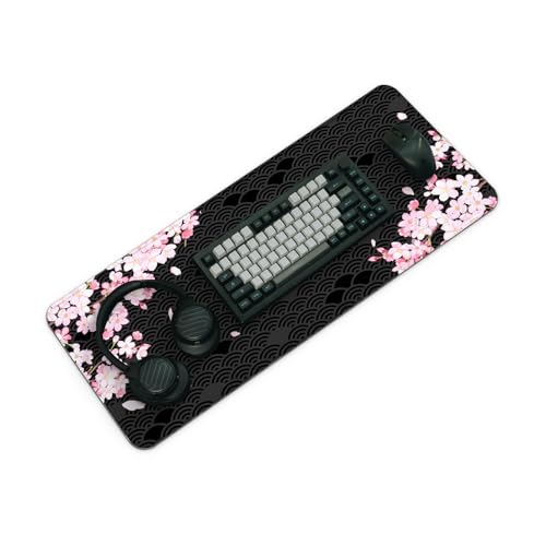 Gaming Mouse Pad with Anti-Slip Rubber Base, Extended Large Computer Mouse Mat with Stitched Edges, Long XL Anime Mousepad for Laptop and Keyboard, 31.5 x 11.8 inch (Black Cherry Blssom) - color: Black Cherry Blssom