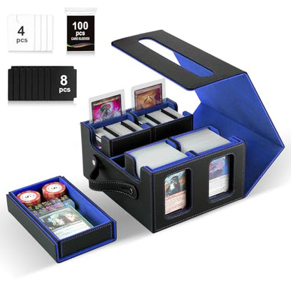 Commander Deck Box for MTG,Card Storage Box Fits 400+ Double-Sleeved Cards,4 Removable deck Case with Display Windows＆Handle,Card deck box for TCG/PTCG/EDH(Black &Blue) - color: Black/Blue