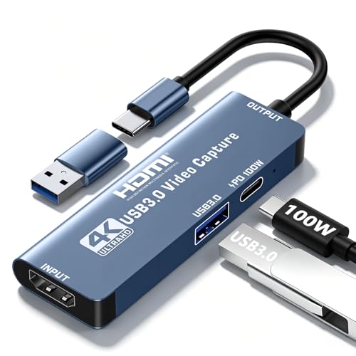 4K Capture Card HDMI to USB A/C Video Capture Recording Device | with USB 3.0 & 100W PD Port for Quest 3, PS5/4, Switch 2/1, Camera, Xbox, Tablet, PC, OBS, MacOS/Windows, Plug & Play
