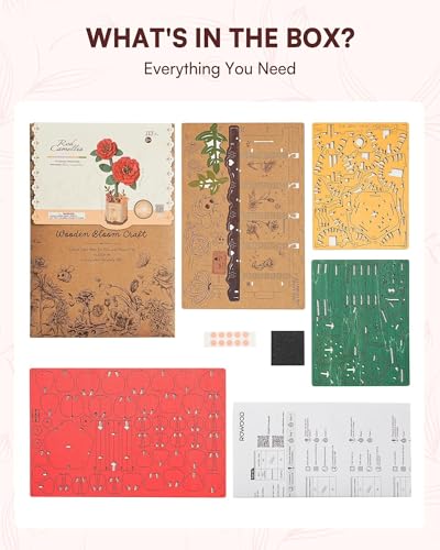 3D Flower Wooden Puzzles for Adults-Red Camellia, DIY Wooden Flowers Model Kit Building Set Crafts Birthday Gifts, Artificial Botanical Collection Creative Gift Idea/Housewarming (113PCS) - style: TW - Red Camellia