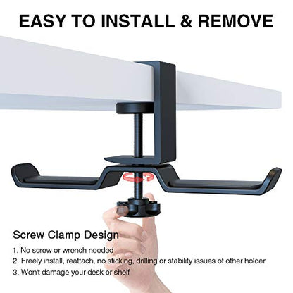 Dual Headphone Stand Hanger Under Desk, 360 Degree Rotating Aluminum Gaming Headset Holder with Adjustable Clamp, Universal Metal Earphone Hook Mount for All Headsets, Black