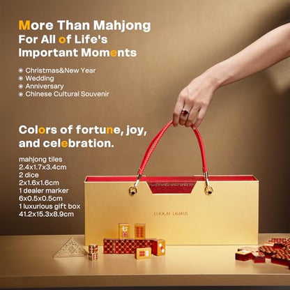 Luxury Chinese Mahjong Set - 144 Professional Acrylic Tiles with Red Designer Handbag Case - Double Happiness Art Edition for Weddings, Anniversaries& New Year - Premium Cultural Collectible gift - color: Red 1