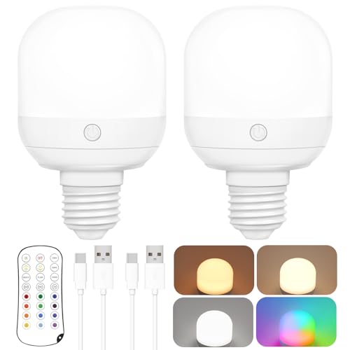 Yochoice 2-Pack Rechargeable Battery Operated Light Bulb with Remote Control, E26 Battery Powered Dimmable Light Bulb with 3 Color Temperatures + 12 RGB Colors, Detachable LED Bulb for Wall Sconce - size: 2 Pack