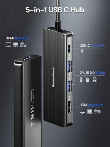 USBC to HDMI, DockteckExpand 5-in-1 USB C Hub with Dual HDMI | 4K@30Hz, 2 USB 3.0 Ports, 100W PD Charging – Compatible with MacBook, Dell, Chromebook & More - color: Cool Black
