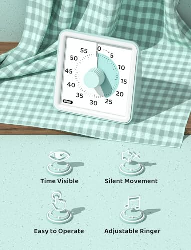 LIORQUE Visual Timer for Kids, 60 Minute Countdown Timer, Mint Green | Non-Ticking, 3 Volume Levels, Timer for Classroom Kitchen Office ADHD, 2 AAA Batteries Included - color: Mint Green