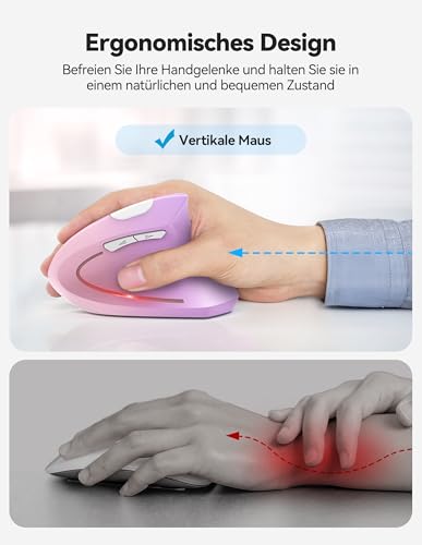 TECKNET Ergonomic Mouse Wireless, Rechargeable Vertical Mice Right Hand | Bluetooth+2.4G, Multi Device, 4800 DPI Adjustable, Optical Carpal Tunnel Mouse for Laptop, PC, Computer, MacBook, Pink Purple - color: Pink Purple
