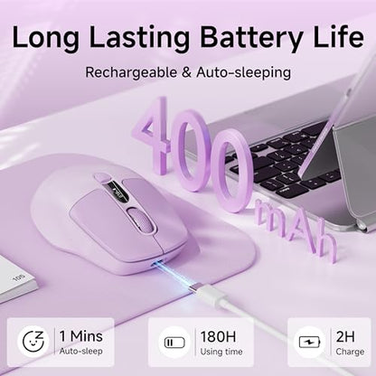 Wireless Bluetooth Mouse with Visible Battery & DPI Screen, Multi-Device BT & 2.4G Computer Mouse, 500 mAh Rechargeable, 1600DPI, Silent Portable Optical Mice for Laptop, PC, Mac, iPad - Purple - color: Purple