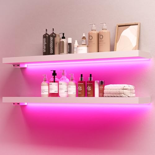 BAMEOS Floating Shelves with RGB LED, 31" Wooden Wall Shelves with Invisible Brackets, Set of 2, Wall Mounted Display Shelves Decoration for Bedroom, Bathroom, Living Room, Kitchen (White) - color: White-rgb, size: 31 x 7