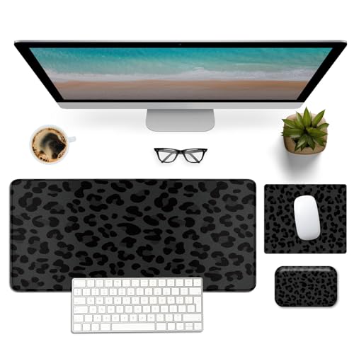 Mouse Pad Desk Mat Ergonomic Wrist Support Pad Set,Mouse Wrist Rest Keyboard Pad with Stitched Edges and Non Slip Base-Black Leopard Panther Cheetah Print - color: Black Leopard