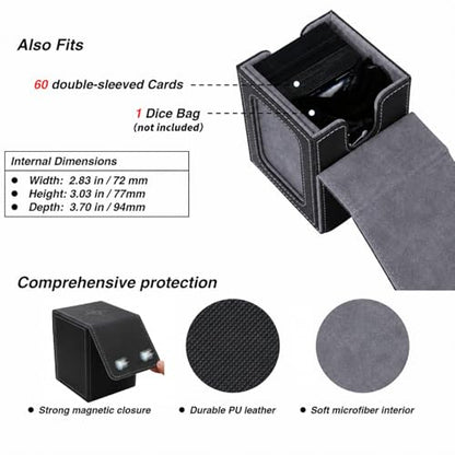 MTG Deck Box with Commander Display Window (Black＆Grey, 1 window) | Holds 120 Single/100 Double-Sleeved Cards, Fit MTG/PTCG/OPTCG Cards, Strong Magnet, PU Leather, With 2 Dividers & 1 Toploader - color: Black and Grey