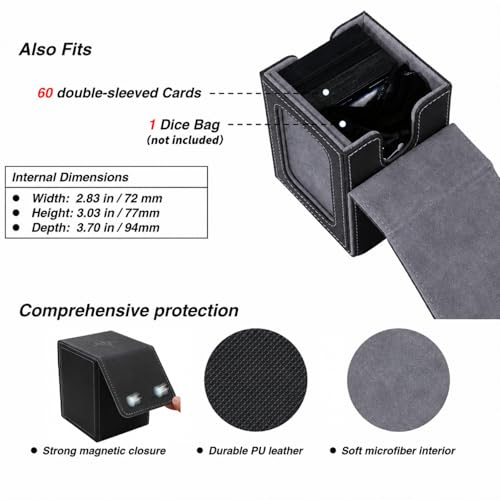 MTG Deck Box with Commander Display Window (Black＆Grey, 1 window) | Holds 120 Single/100 Double-Sleeved Cards, Fit MTG/PTCG/OPTCG Cards, Strong Magnet, PU Leather, With 2 Dividers & 1 Toploader - color: Black and Grey