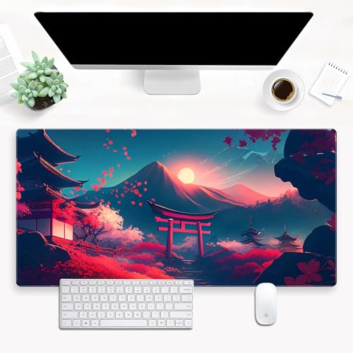 Japanese Torii Desk Mat, Mt Fuji Large Gaming Mouse Pad 31.5x15.7 in | Aesthetic Japanese sunset desk pad with comfortable 3mm cushion, smooth cloth top, and non-slip rubber core. - color: Anime Art Scenery2