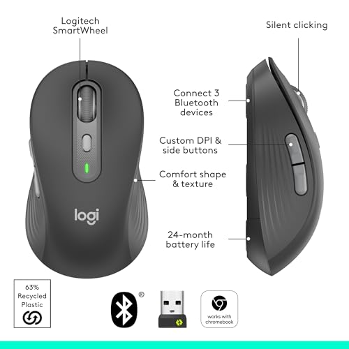 Logitech Signature Plus M750 L Wireless Mouse - for Large Hands, SmartWheel, Bluetooth, Multi Device, 24-Month Battery, Silent Clicks, Customizable Side Buttons, Contoured Shape - Graphite - style: Large Size