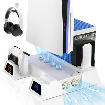LENISUOLE PS5/Slim/Pro Stand and Cooling Station, with 3 Level Cooler Fan for PlayStation 5 Disc Digital Console, LED Dual Controller Charging Station, Headset Holder, Game Slot White - color: White