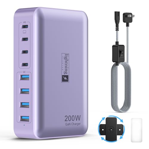 8-Port Type C Fast Charger Block 200W with Flat Plug, Braided Power Cord, and On/Off Switch- USB Charging Hub for iPhone, iPad, MacBook and More- 65W C Port Power Adapter for Laptops - color: Flat Charger 200W PURPLE