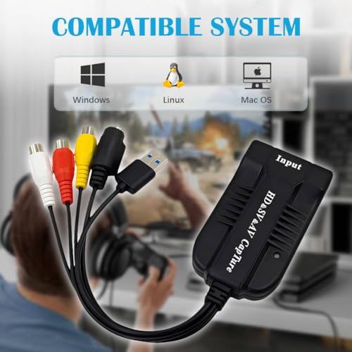 USB Video Capture Card HDMI/AV/RCA/S-Video to USB 2.0 Audio Video Capture Card Device 1080P HD 30fps for Live Streaming,Camcorder,Gaming,VCR,VHS,DVD,PS4,PS5
