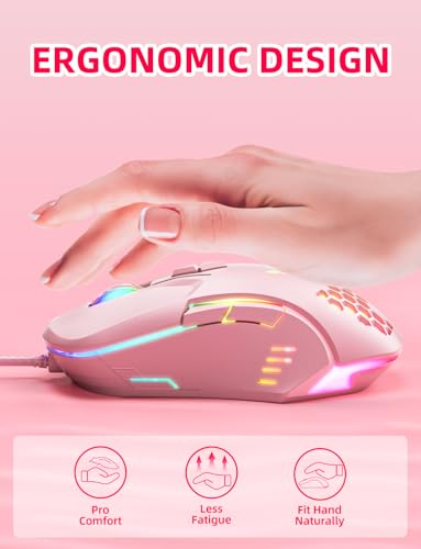 Wired PC Gaming Mouse: High Precision Sensor,RGB Backlit, Adjustable DPI, 7 Buttons Programmable,Ergonomic mice for Office & Gaming on Windows/Mac/Linux/Chrome- Pink - color: Pink