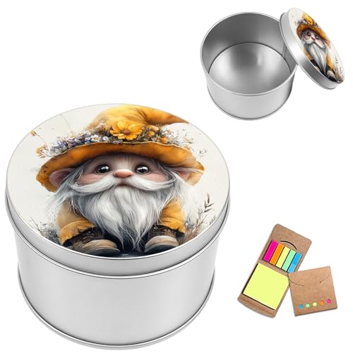 Metal Round Storage Containers Box with Lid, Metal Tins Organizer Box for Earring Jewelry Craft Trinket Keys Watch, Sunflower Gnome Design Decorative Storage Case with Notepad - color: Sunflower Gnome