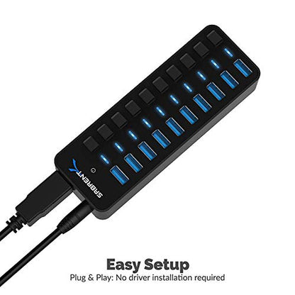 SABRENT 10-Port 60W Powered USB 3.0 Hub, Power Switches & LEDs (HB-BU10) | Individual power switches + LEDs; includes 60W 12V/5A power adapter; for PC & Mac - size: 10-Port - 10 USB 3.0