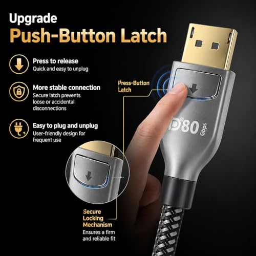 80Gbps DisplayPort 2.1 Cable 3.3FT, DP 2.1 Cable [Supports 16K@60Hz, 8K@120Hz, 4K@240Hz/165Hz/144Hz], Compatible with FreeSync/G-Sync Gaming Monitors, Suitable for RTX 5090/7900 XTX