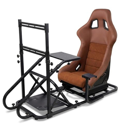 Racing Simulator Cockpit with Monitor Mount and Stronger Fiberglass Brown Mesh Fabric Bucket Seat, Racing Wheel Stand Compatible with Fanatec, Thrustmaster, Logitech, Moza Racing Games on PS5, PS4, Xbox and PC - color: Cockpit+Brown Seat