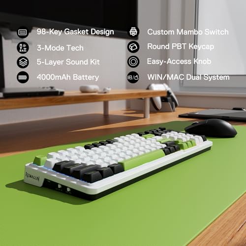 Redragon K686 PRO Wireless RGB Gasket Gaming Mechanical Keyboard, Easy Knob | Multi-Function Control Wheel, 0-Delay Tri-Mode, Cushioned 5-Layer Noise Dampening for Creamy Thocky Sound, Practical 98 Keys - color: GreenFlash Genji, size: 98 Keys