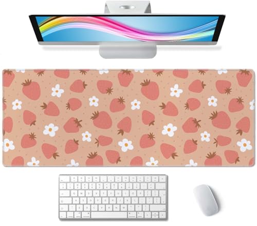 Strawberry and Daisy Pattern Desk Pad Pink Large Mouse Pad Gaming Mousepad Extended XL Keyboard Pad 31.5 x 11.8 in Laptop Computer Mouse Keyboard Mat for Office Desk Decor - color: Strawberry and Daisy Pattern
