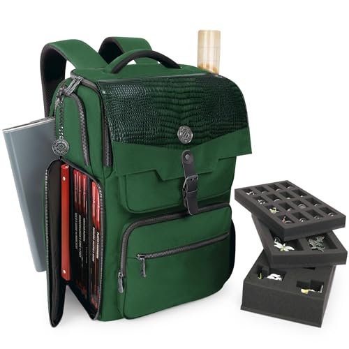 ENHANCE Collector's Edition DnD Backpack - RPG DM Bag for Dungeons and Dragons - DnD Bag fits 6-8 Books, 18" Laptop/DM Screen Slot, Miniature Foam Trays, Accessory Pockets, Map Strap (Dragon Green) - color: Dragon Green