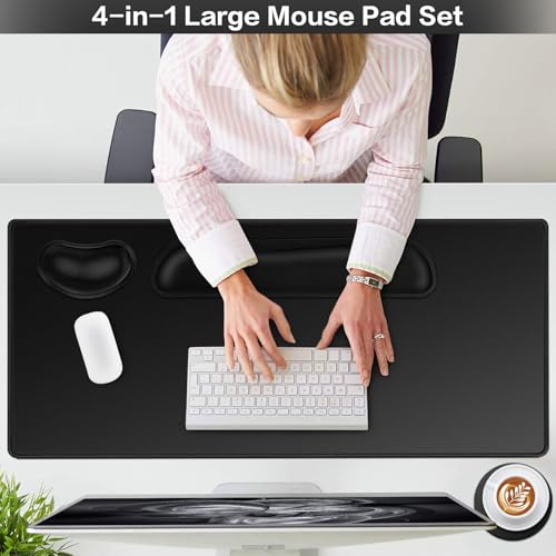 Mouse Pad Black, Mouse Pad with Wrist Rest, 4-in-1 Large Mousepad+Keyboard Wrist Rest+Mouse Pad Wrist Support+Cup Pad Set,Ergonomic Anti-Slip,Memory Foam Desk Mat for Home Office Gaming(35.4×15.7in) - color: Black